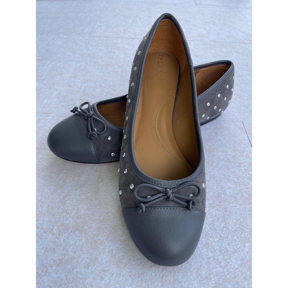 Talbots Womens Gray Studded Leather Ballet Flats Cap Toe Bow Shoes Size 10M